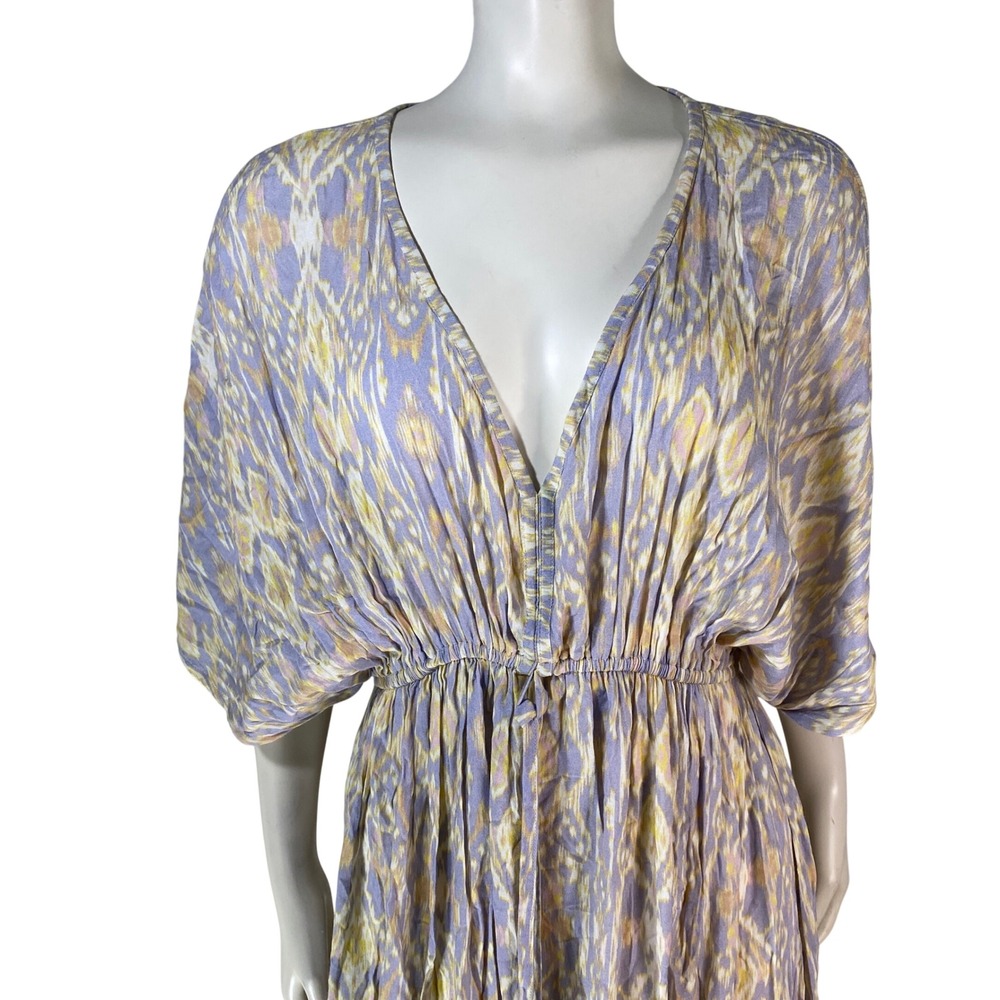 World Market Boho Purple Yellow Ikat Maxi Dress Elastic Waist S/M‎ Flowy Western